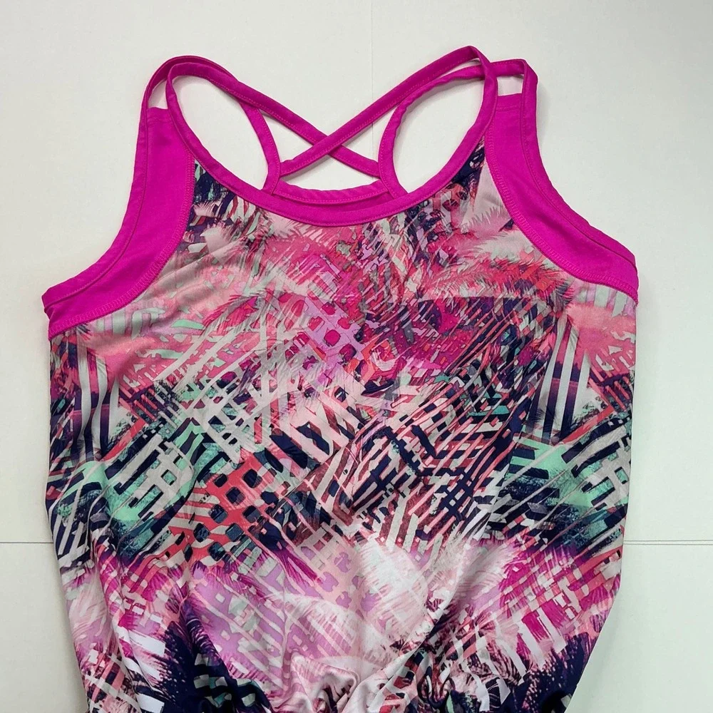Athletic Works Pink Tropical Romper Kids Sz L 10-12 Crisscross Back AWG29S200BH